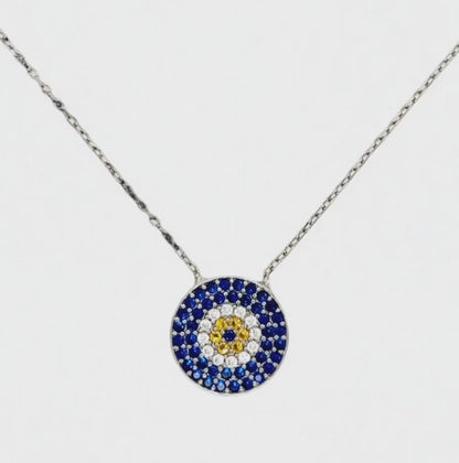 Evil Eye Bead Charm Blue Zirconia 18" Necklace Sterling Chain - C50259