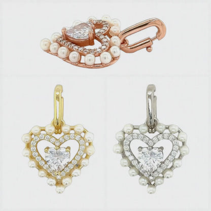 Pearls Zirconia Open Close Bail 1" Heart Pendant Charm - C415879