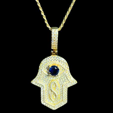 Sterling CZ Infinity Blue Cubic Zirconia 1.4" Hamsa Hande Pendant Charm - C414189