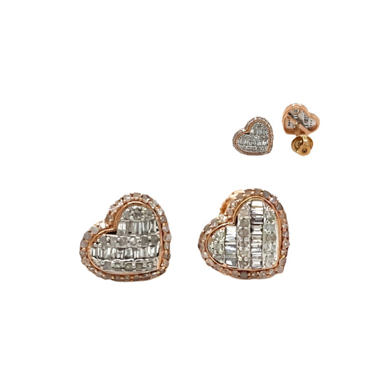 14K Gold Heart Shaped Screw back Earrings With Round & Baguette Natural Diamonds 0.41ct  -  ER00252