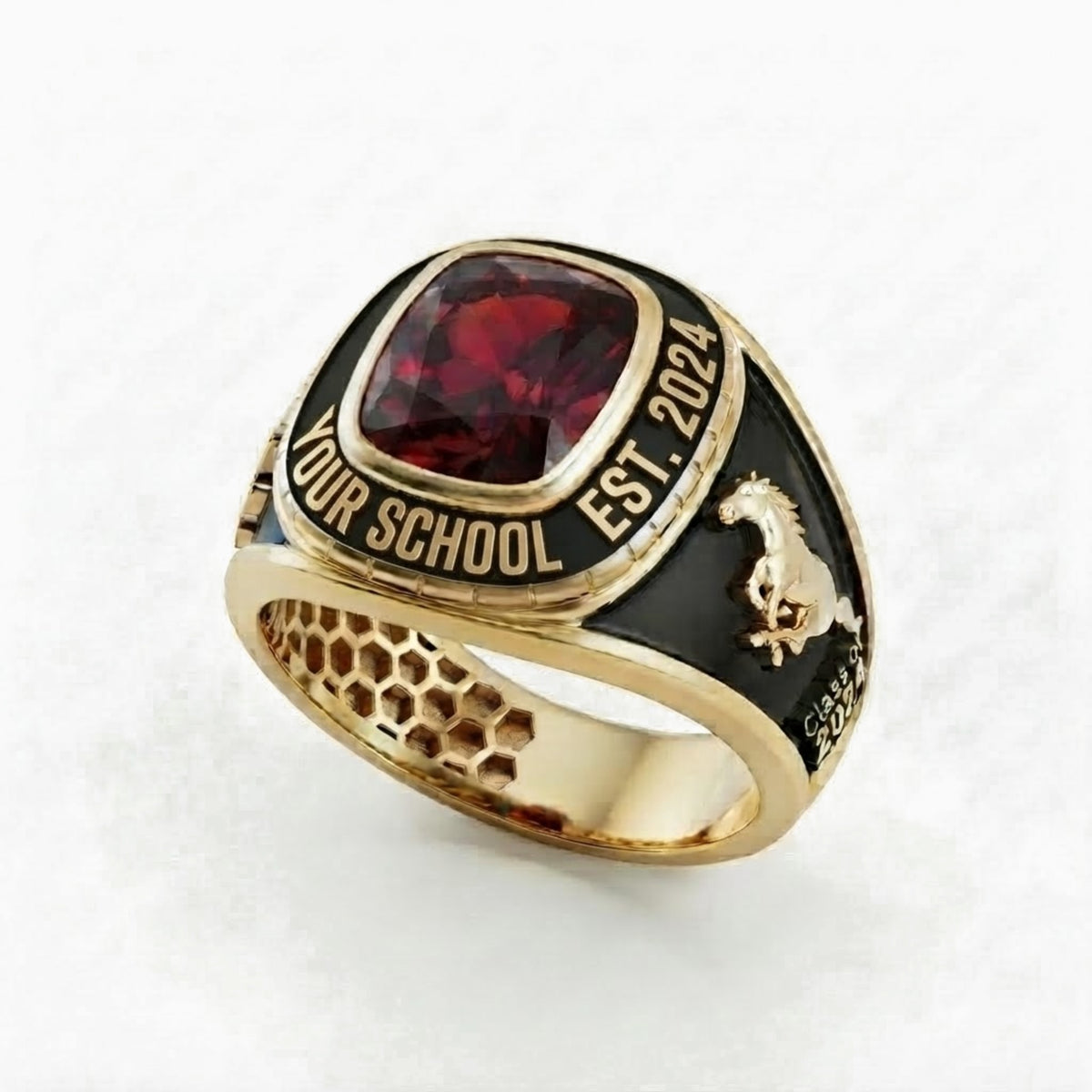 The Legacy Class Ring front view with red center stone, your school and class year