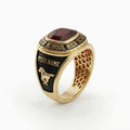 The Legacy Class Ring, custom gold class ring with red center stone, your school and your name