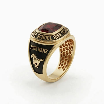 The Legacy Class Ring, custom gold class ring with red center stone, your school and your name