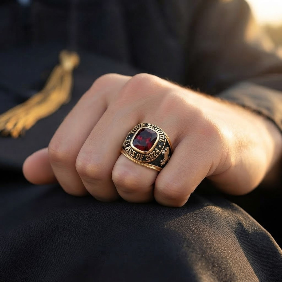 The Legacy Class Ring worn by a graduate in cap and gown