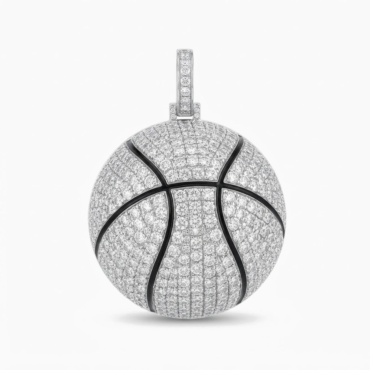 The MVP Pendant, iced 3D basketball pendant with black seam lines, front view
