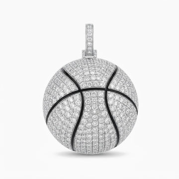 The MVP Pendant, iced 3D basketball pendant with black seam lines, front view