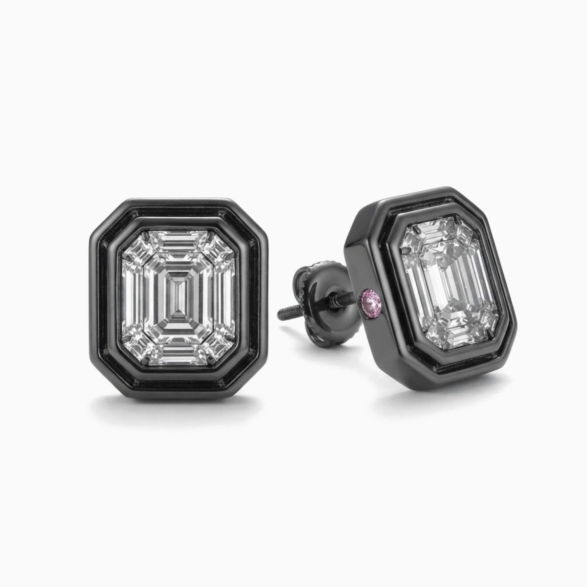 Men's black octagon stud earrings with illusion emerald-cut stones and a hidden pink side stone