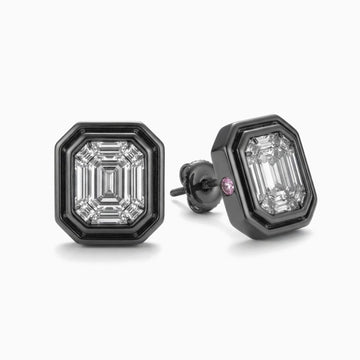 Men's black octagon stud earrings with illusion emerald-cut stones and a hidden pink side stone