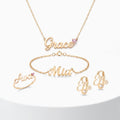 Personalized name jewelry collection: name necklace, bracelet, ring and hoop earrings