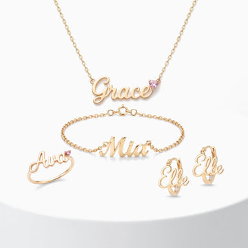 Personalized name jewelry collection: name necklace, bracelet, ring and hoop earrings