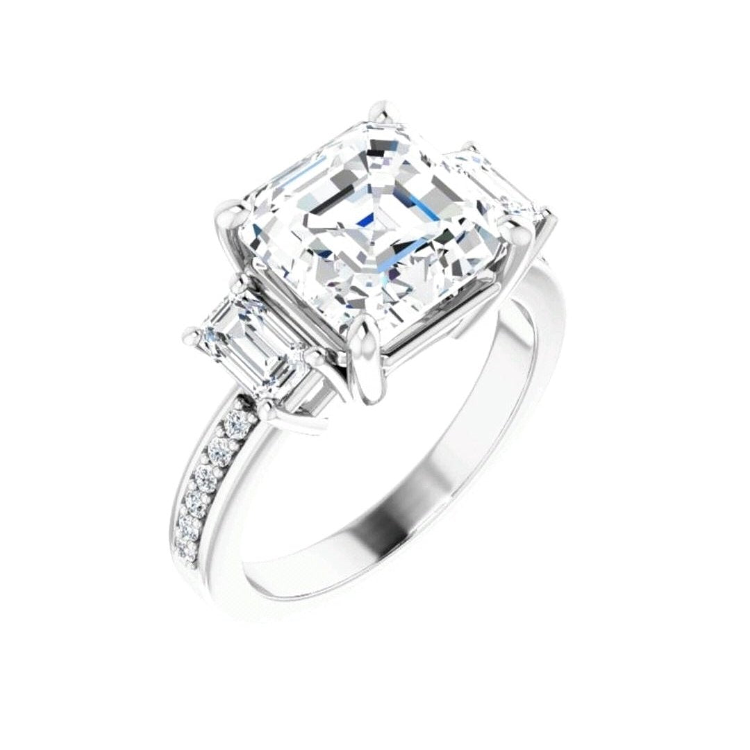 18k White Gold Three Natural Diamond Cushion and Emerald Cut Diamond Engagement Ring - 52638