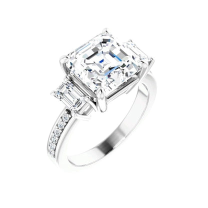 18k White Gold Three Natural Diamond Cushion and Emerald Cut Diamond Engagement Ring - 52638