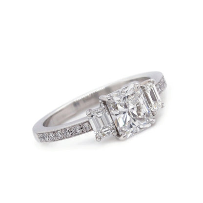 18k White Gold Three Natural Diamond Cushion and Emerald Cut Diamond Engagement Ring - 52638