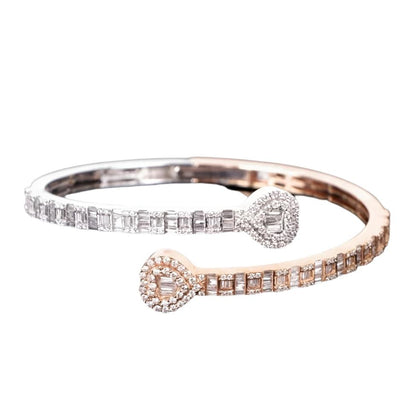 10k Rose-White Gold Baguette & Round Diamond Double Heart Unisex Bangle Bracelet