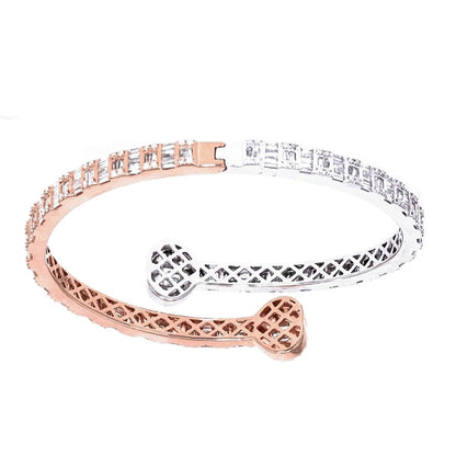 10k Rose-White Gold Baguette & Round Diamond Double Heart Unisex Bangle Bracelet