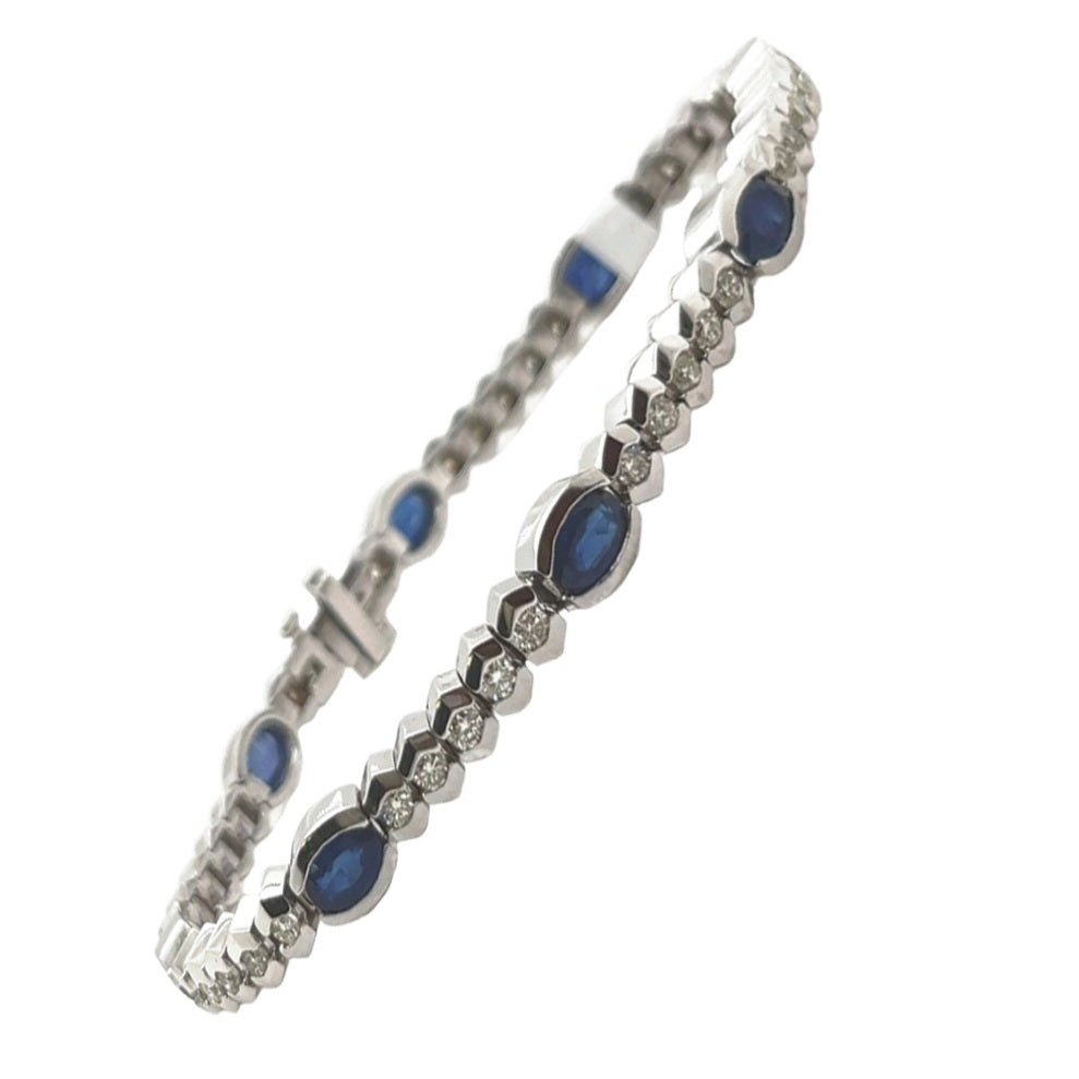 14k White Gold Blue Sapphire Oval Natural Diamond Bracelet