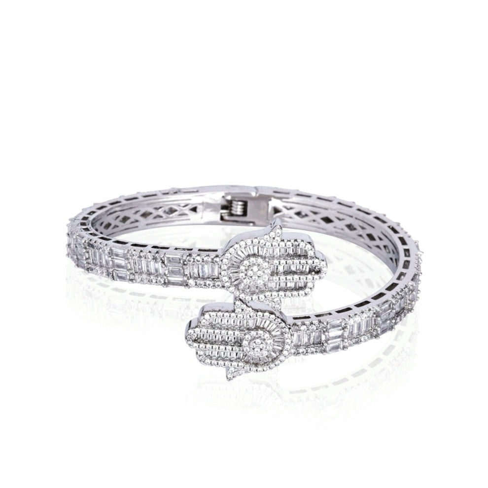 925 Sterling Silver Cubic Zirconia two prominent Hamsa 7" Bangle Bracelet - C300049