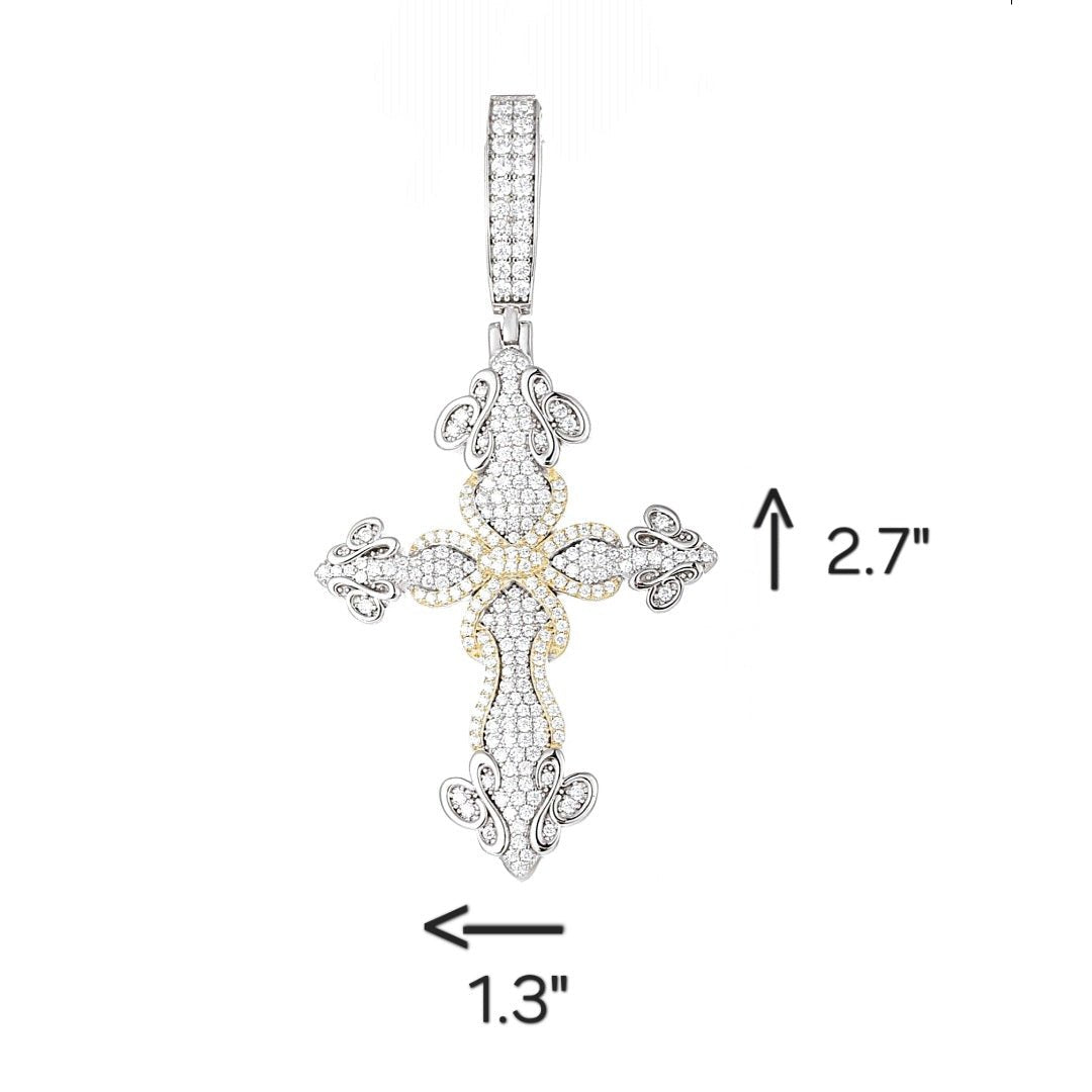 Two Tone 925 Sterling Cubic Zirconia Iced Out Cross Pendant Charm - C400149