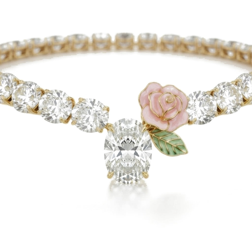 Gold tennis bracelet of brilliant stones with an oval center drop and a pink enamel rose