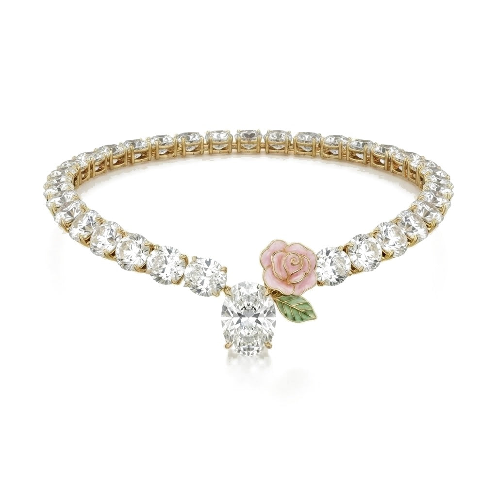 Gold tennis bracelet of brilliant stones with an oval center drop and a pink enamel rose
