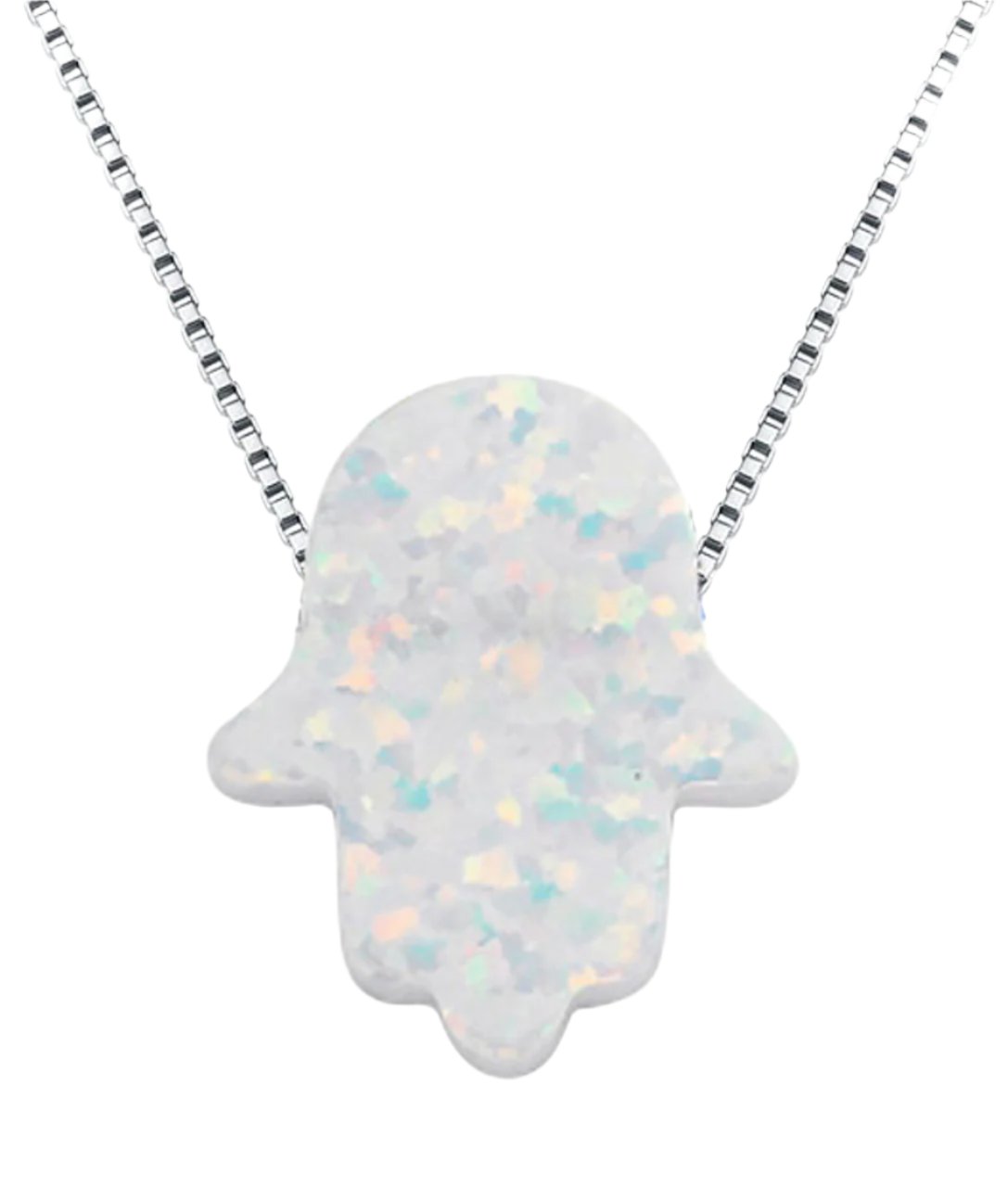 Blue White Pink Opal Hamsa Hand Protective Evel Eye 16" Silver Necklace Chain - CS09002