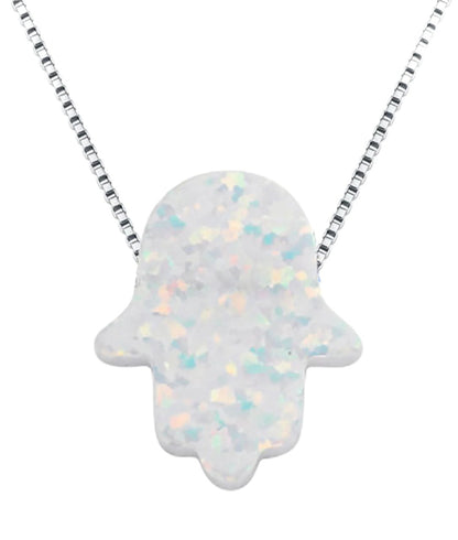 Blue White Pink Opal Hamsa Hand Protective Evel Eye 16" Silver Necklace Chain - CS09002