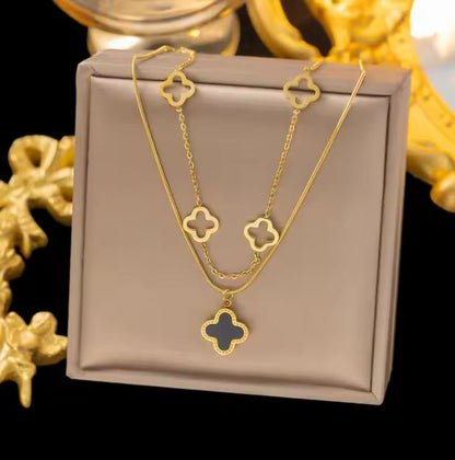 Elegant Gold Plated Stainless Steel Necklace with Black Clover Charm