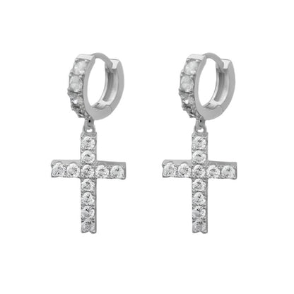 Tennis Dazzling Divine Cross Drop Huggie Hoop Earrings - C203129