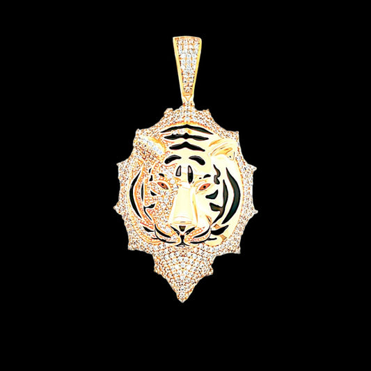 Yellow Gold Tiger Head Red Eyes with Black Enamel Pendant
