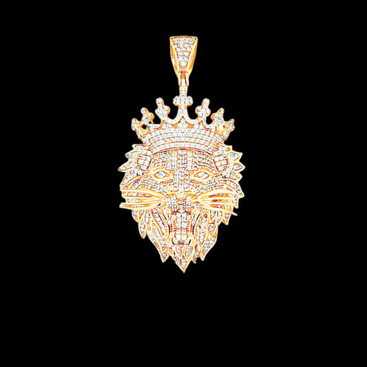 Lion Wearing Bling Crown Yellow 14K Gold Finish Pendant