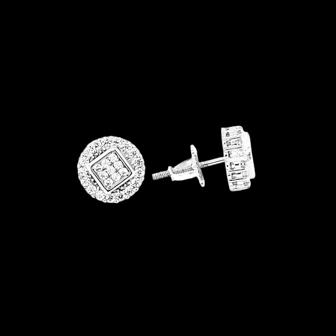 Round Square White Silver Screw Back Earrings