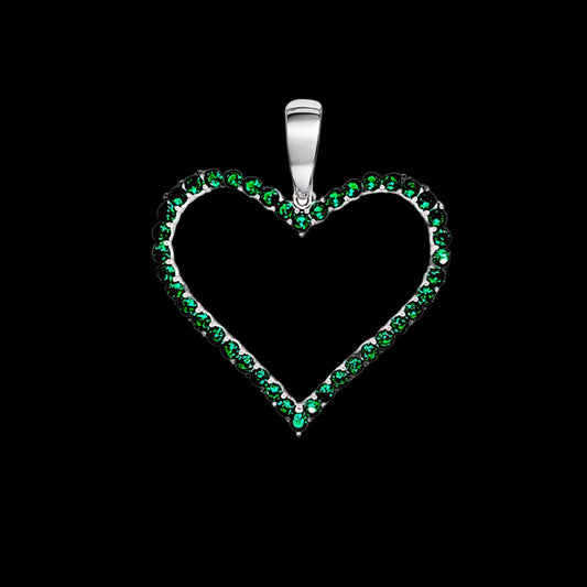 White Silver Round Pave Green CZ Heart Ladies Pendant Charm