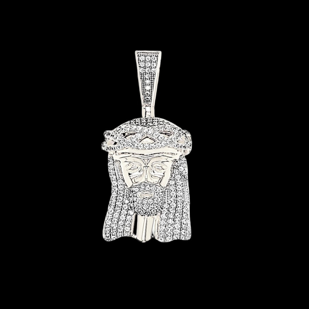 White Silver Rhodium Finish Jesus Face Crown Fully Iced Round Simulated Diamonds Pendant