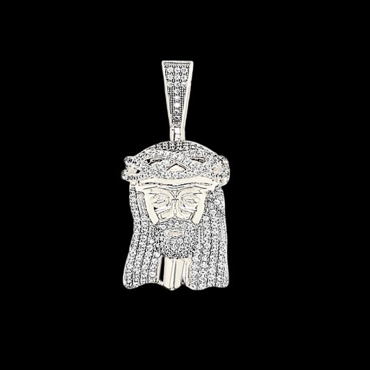 White Silver Rhodium Finish Jesus Face Crown Fully Iced Round Simulated Diamonds Pendant