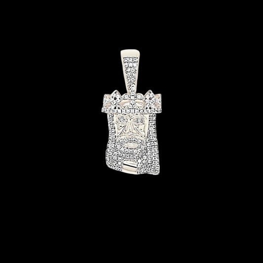 White Silver Rhodium Finish Jesus Face Crown Round Simulated Diamonds Pendant