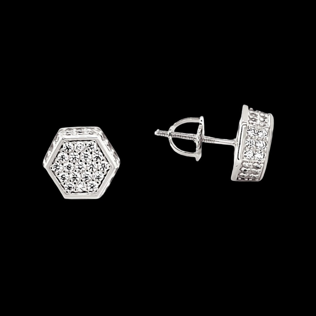 925 Sterling Silver Rhodium Finish Round Pave Stud Screw Back Hexagon Earrings