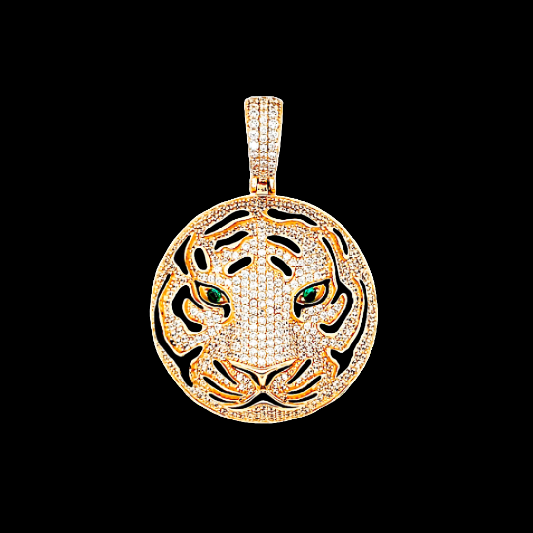 Yellow Gold Green Eyes Panther Face 1.5" Pendant